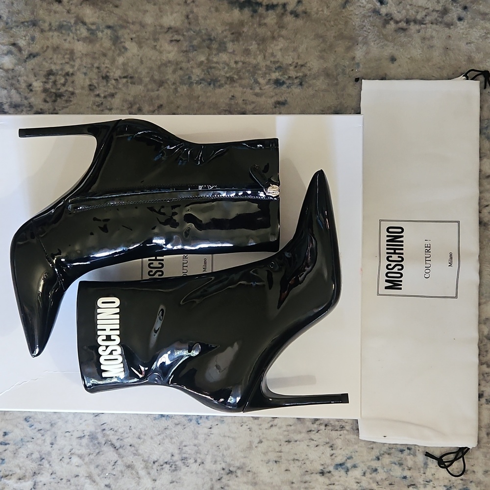 Moschino Patent Leather Pointed Toe Stiletto Boot – Black, 36.5